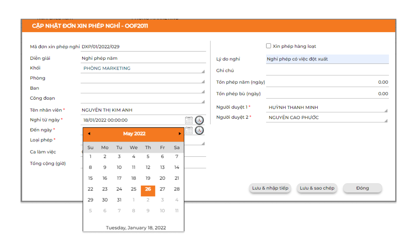 Quản lý nghỉ phép, công tác, đổi ca