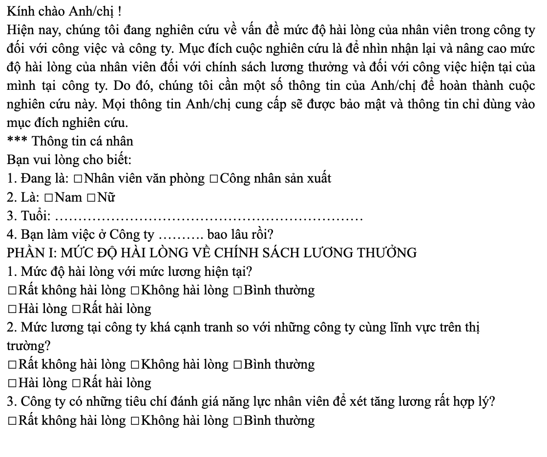 Bảng khảo sát mức độ hài lòng của khách hàng