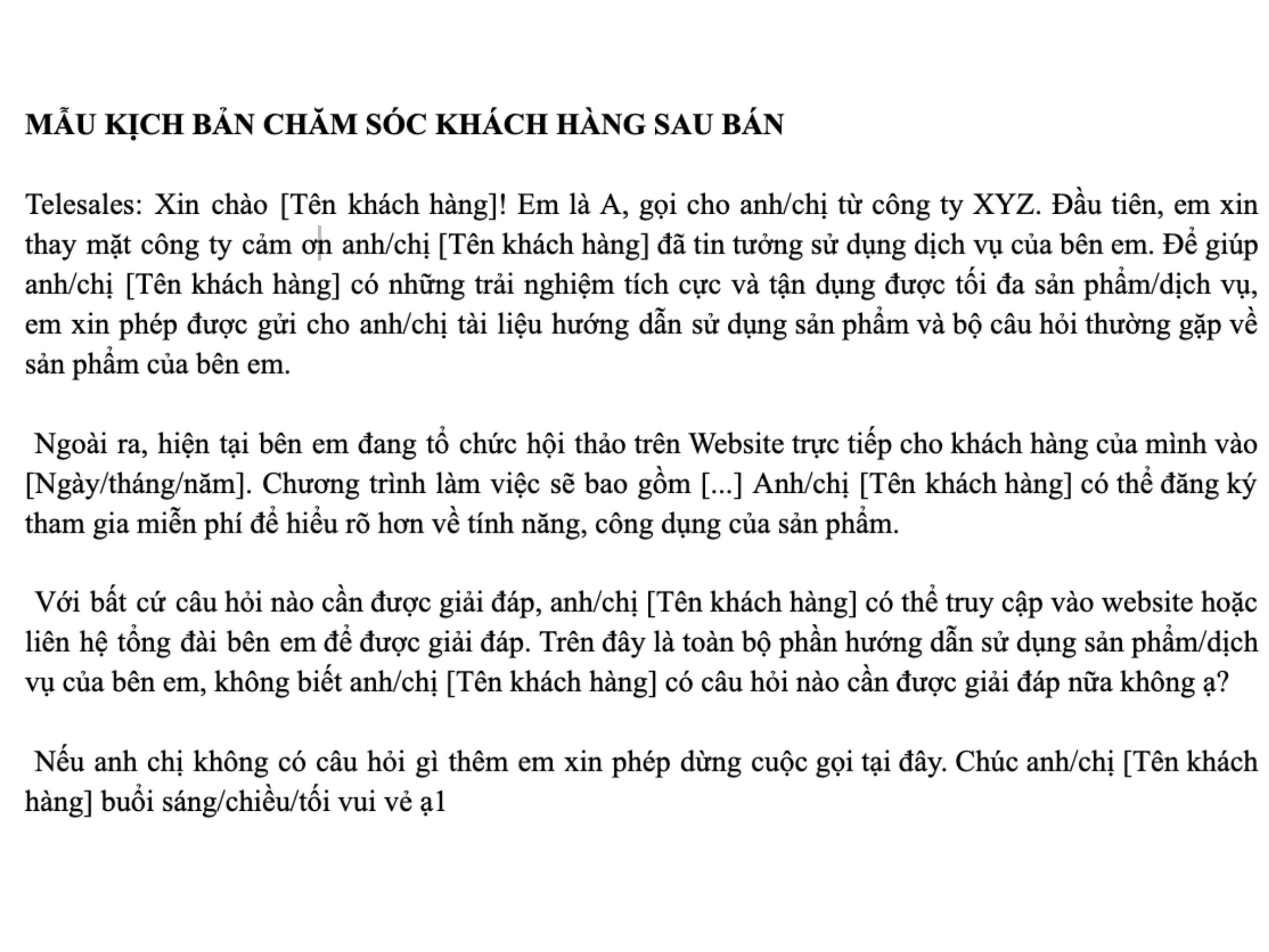 Mẫu kịch bản chăm sóc khách hàng sau bán hay nhất tải ngay tại đây