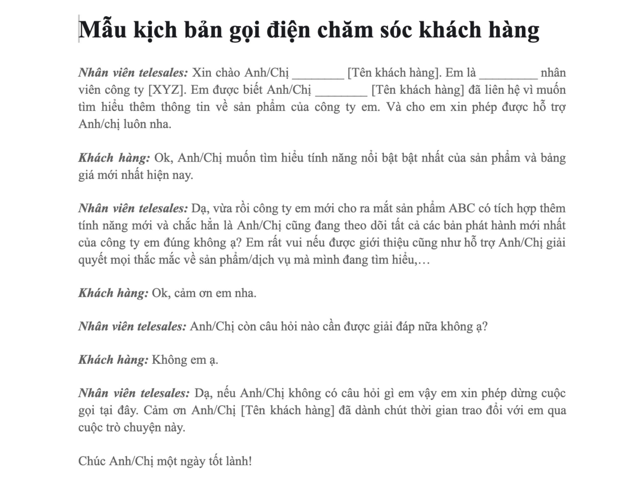 Mẫu kịch bản gọi điện thoại chăm sóc khách hàng chuyên nghiệp 